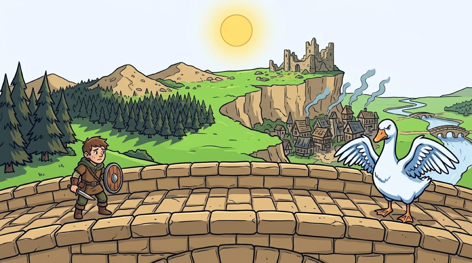 A small adventurer and a large goose face off on a stone bridge, the island of Wyrmcourt behind them.